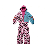 Ensemble de survêtement streetwear épais à capuche zippé imprimé léopard color block personnalisé, Fabricant sur mesure, Usine sur mesure, OEM, ODM