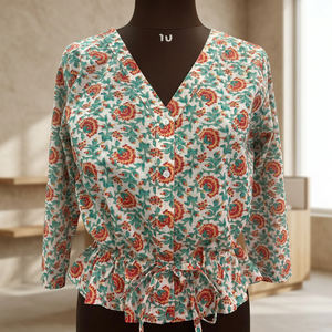 Blusa de algodón con estampado floral para mujer, cuello en V, manga tres cuartos, informal, transpirable, con volantes, para primavera y verano - Product Image 5