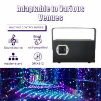 Lumière laser Firefly 8W IP65 RGBW DMX512, activée par le son, rotative, à vitesse réglable pour les parcs à thème et les fêtes d'anniversaire