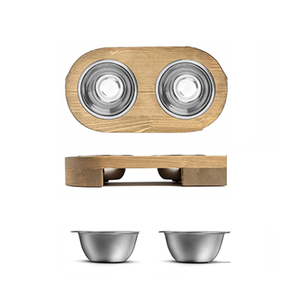 Stand ile Pet yemek kasesi, yavru köpek besleme kaymaz ahşap köpekler kediler için 2 paslanmaz çelik ve su Set çam ahşap tutucu - Product Image 3