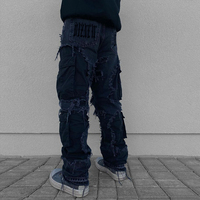 DiZNEW Détruit les jeans et pantalons à jambe droite pour hommes, patchwork déchiqueté, high street, hip hop, hipster, à la mode
