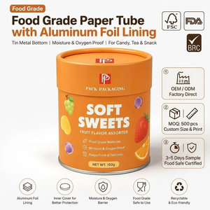 Tube en papier de qualité alimentaire avec revêtement en aluminium OEM ODM |   pour <span class=keywords><strong>la</strong></span> FDA BRC |   Sans BPA, écologique |   Emballage de gelée de sucre |   Taille personnalisée - Product Image 1