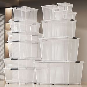 BARGAIN FACTORY 3-Piece <strong>Clear</strong> Plastic Storage <strong>Containers</strong> Lids Clips 43L Capacity Integrated Handles BPA Free English Design - Product Image 2