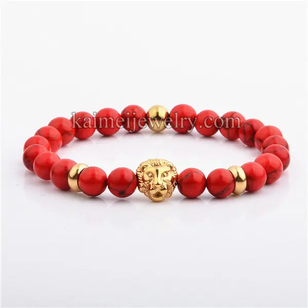 Newest Design Gold Charm Lion Head Friendship 8mm Red Turquoise Stone Stretch Bead Bracelet For Women