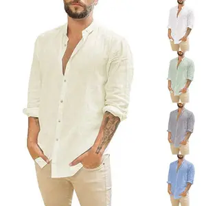 New Style Amazon Men's Cotton Linen Henley Shirt Hippie Casual Beach Stand Collar Long Sleeve Shirt for Men