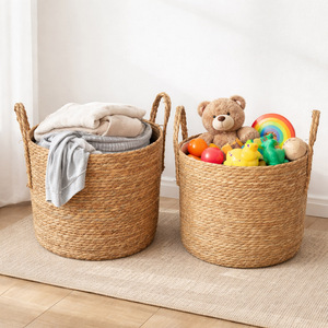 Panier de rangement rond en osier, écologique, pour linge et jouets, avec poignées, pour la maison, la chambre et le salon - Product Image 1