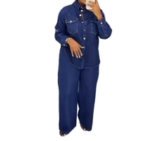 Ensemble 2 pièces décontracté en jean non tissé pour femme, chemise à manches longues avec poches et pantalon droit coupe classique, bleu coton, automne