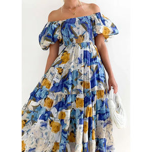 Vestidos de Fiesta de Diseño con Mangas Farol, Corte A, Cintura Alta, Hombros Rectos, Estampado Floral, Verano, Casual, Cuello en U, Elegante para Mujer - Product Image 4