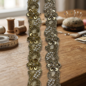 Majestic Pearl Bloom Gold Beads Work Lace Handwork Laces Floral Cluster Sequin Embroidery Border Tape for Haute Couture Gowns & - Product Image 2