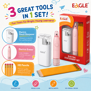 Juego de Papelería Eléctrico 3 en 1 EAGLE, Sacapuntas y Borrador Eléctricos con Lápices HB, Juego de Regalo de Papelería Escolar J6103B - Product Image 4
