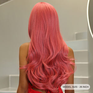 Precio al por mayor de fábrica, pelucas rojas y rosas, pelos ondulados sintéticos de Cosplay naturales largos con <span class=keywords><strong>flequillo</strong></span>, peluca falsa ondulada resistente al calor - Product Image 2