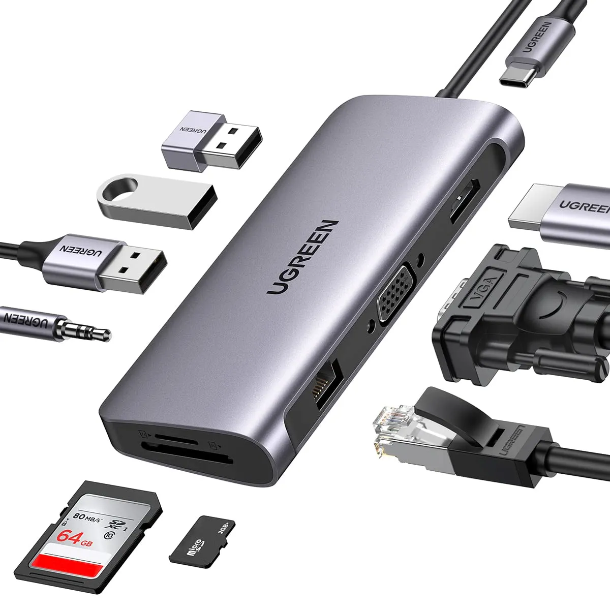 UGREEN Hub USB C 10-in-1, stasiun Dok USB-C 4K HDMI & VGA Monitor ganda 1Gbps Ethernet 100W PD 3 3.0 port 3.5mm Audio Jack