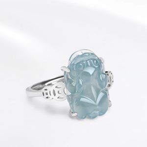 S925 <b>silver</b> <b>set</b> with natural A-grade jadeite blue water fox-shaped ice-quality jadeite female <b>ring</b> with adjustable size - Product Image 2