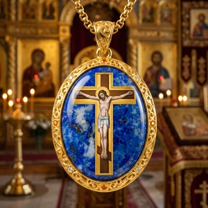 Ciondolo con Icona Ortodossa della Croce Più Sacra e Gloriosa, in Lapislazzuli, Gemma Religiosa, Stile Bizantino Dipinto a Mano - Product Image 1