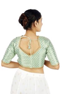Chemisier Femme 100% Soie Tissé Formel Imprimé Floral Vert Brodé Manches Courtes Col Carré Crop Top Lavable Toutes Saisons - Product Image 2