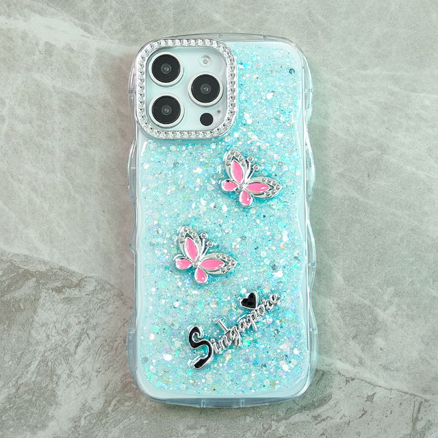 For Tecno Spark Slim Case Glitter 3D Butterfly with Wave Frame Diamond-Encased Edges Built-in Cute Sparkling Cover Girls