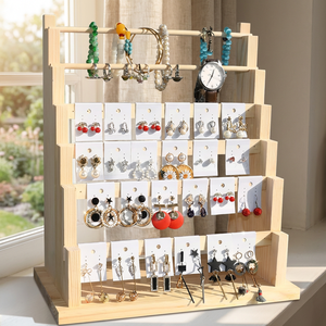 Expositor de madera de 4 niveles para pendientes con tarjetero y ganchos, soporte de exhibición de joyas para estuches y exhibiciones, expositor minorista de madera para venta. - Product Image 2