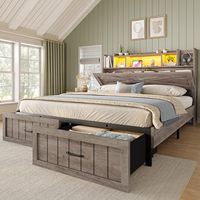 Cadre de lit Queen SENYU style ferme avec tiroirs de rangement et étagère de tête de lit, mobilier de chambre