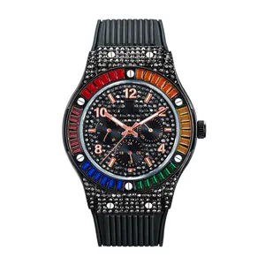 Blues Regenboog Kleur Baguette Diamanten Horloges Mannen Chronograph Silicone Rubber Band Quartz Hip Hop Bling Iced Out Black Horloge