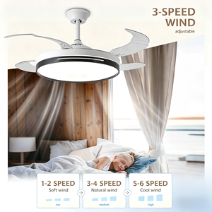 Ventilateur de plafond LED rétractable moderne de 42 pouces, pales invisibles, 3 températures de couleur, télécommande, fonction de minuterie à 6 vitesses pour salon et chambre à coucher - Product Image 5