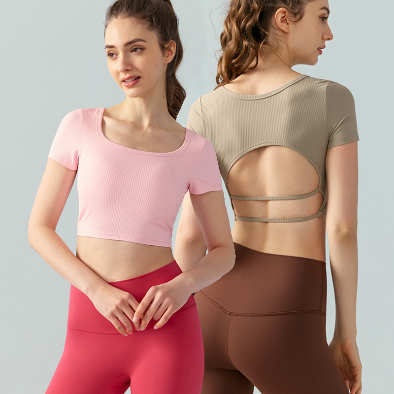 High Quality Women's Open Back Tee Ribbed Short Sleeve Crop Tops Workout Yoga Built in Bra Active Wear
