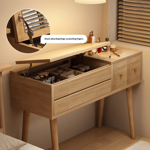 <b>Solid</b> Oak <b>Wood</b> Convertible <b>Dressing</b> <b>Table</b> Lighted LED USB Charging Port Flip Cover Makeup Cabinet Silent Wind Design Bedroom - Product Image 4