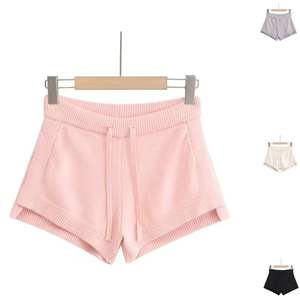 <b>Elastic</b> Waist <b>Lace</b>-Up Side Slit Knitted Solid Color Casual Fashion Shorts for Women - Product Image 1