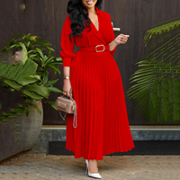 Robes décontractées tendance pour femmes, élégantes, couleur unie, manches longues, col en V, plissées, avec ceinture