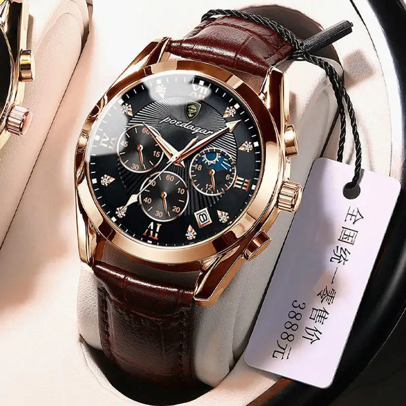 New Top Brand Luxury Men Watch Waterproof Luminous Sport Quartz Watches Brown Genuine Leather Stainless Steel Reloj Wristwatches