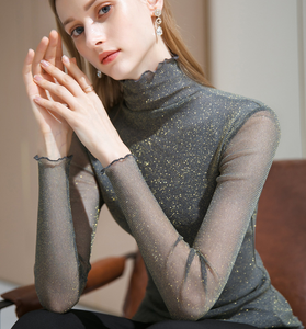 Newest Fashion High Neck Women Blouse <strong>Net</strong> Long Sleeve Elegant Sexy <strong>Tops</strong> - Product Image 2