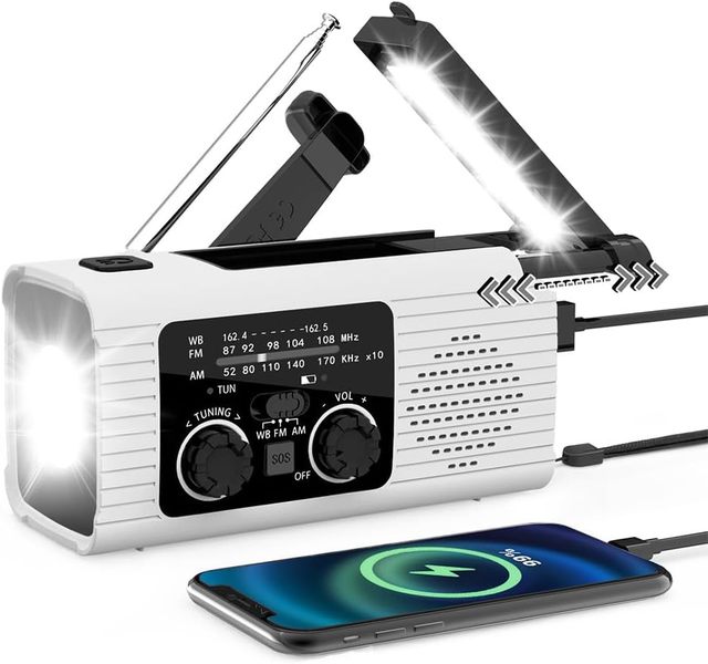 Solar White Emergency Weather Radio 2000mAh Weather Alert Radio Solar Charging Hand Crank AM/FM/NOAA Radio SOS LED Flashlight