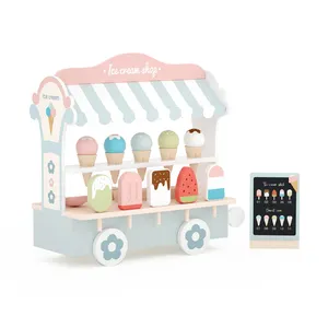 COMMIKI New Wooden Kids Simulation Food Ice Cream Make Kitchen Toys Baby Early Education Ice Cream Truck Shop Wooden Set Toys