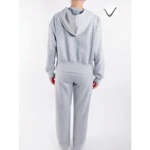 Ensemble de survêtement pour femme Vetega, sweat-shirt à capuche gris uni, coupe ample, extensible, pantalon de sport, fermeture éclair, confortable, élégant, athlétique - Product Image 6