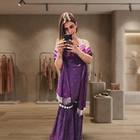 Setelan Gharara Chanderi Ungu Premium Wanita dengan Hiasan Mutiara yang Halus, Cepat Kering, Panjang hingga Mata Kaki, Siluet Anggun, Tradisional India