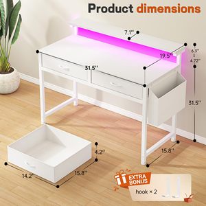 Bureau d'ordinateur à domicile SENYU 31 pouces avec 2 tiroirs et éclairage LED, support d'écran latéral, table d'étude et d'écriture pour petit espace - Product Image 6