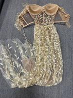Robe longue en maille transparente à paillettes dorées motif feuille de saule, épaules dénudées, fente haute, pour Gala, concours de beauté, Drag Queen, costume de scène, vente en gros