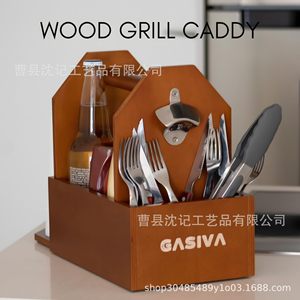 Wooden Portable Storage Box With Bottle Opener <b>Paper</b> Towel Holder Cutlery Compartment For <b>Kitchen</b> Picnic - Product Image 3