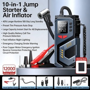 Compresseur d'air portable pour pneus de voiture en ABS 12V 12000mAh avec <span class=keywords><strong>pince</strong></span> intelligente pour démarreur de secours tout-en-un + sac de rangement - Product Image 1