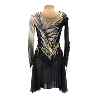 Robe de patinage artistique noire pour enfants et adultes, maille nude, manches longues, strass or et argent, pour spectacle de patinage sur glace