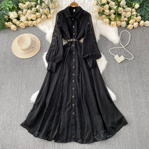 <span class=keywords><strong>Abito</strong></span> Lungo da Donna Retrò con Ricami in Pizzo, Colletto a Risvolto, Maniche a Lanterna e Chiusura Monopetto, con Ampia Gonna a Ruota - Product Image 2