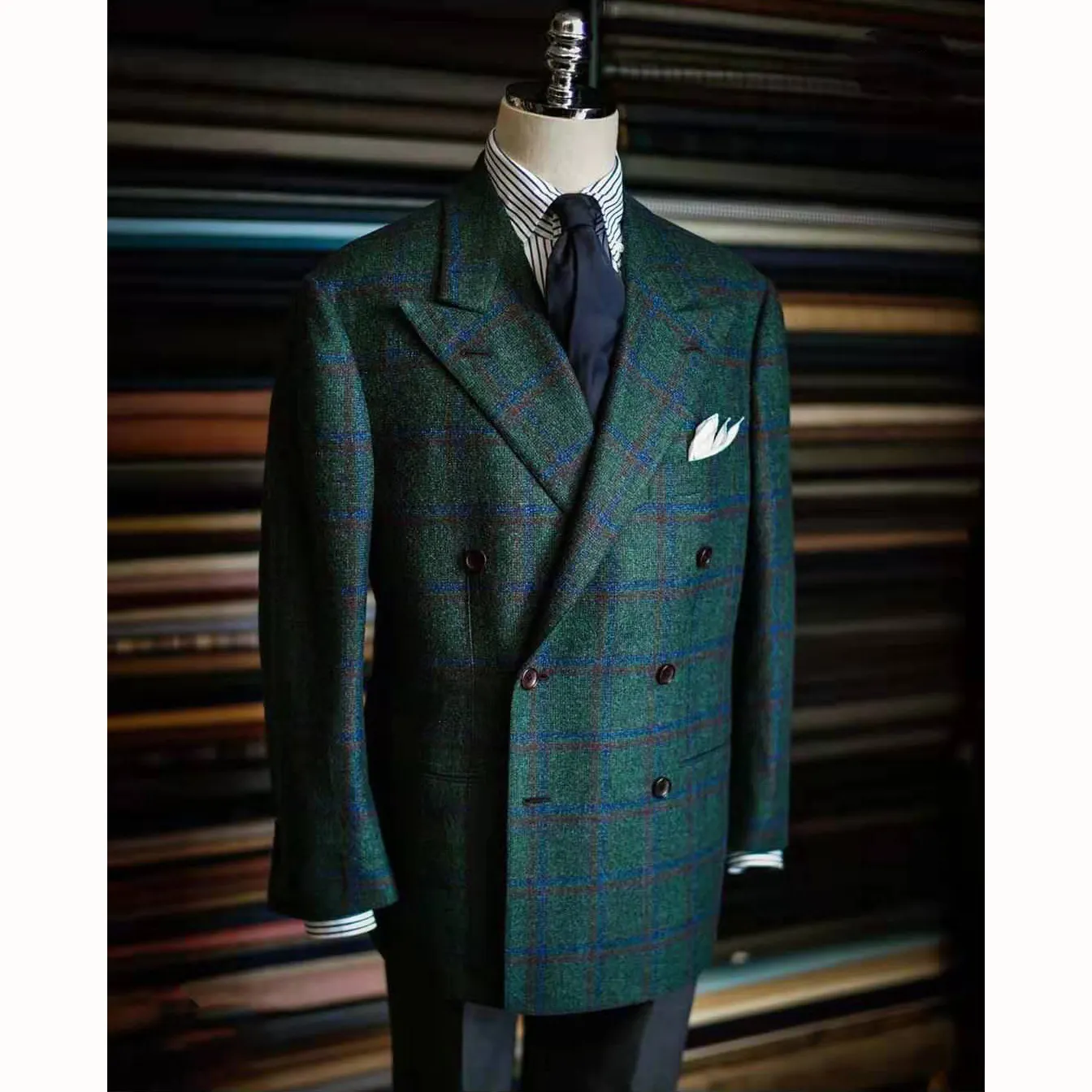 double breasted slim fit dark green plaid blazer mens tailored suits