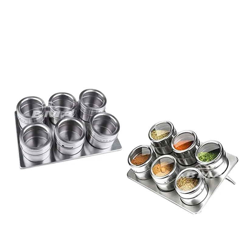 Juego de vinagrera de acero inoxidable para cocina, Set de 6 latas de té, sal, azúcar, pimienta, agitador, tarros de especias, estante magnético, latas de especias