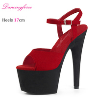 Chaussures de danse sur piquet sexy pour boîte de nuit, 7 pouces, 17 cm, en daim vin, à bout ouvert, modèle de podium, talons hauts, sandales pour femmes