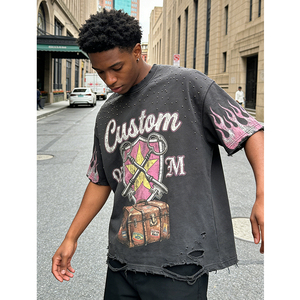 <b>Rivet</b> Rhinestones Vintage Distressed Digital Printing 100% Cotton Worn Out OEM Custom Boxy Oversized Streetwear Men's T-shirt - Product Image 3