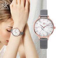 Montres-bracelets simples pour femmes SHENGKE avec cadran en marbre, montres vintage en PU/acier inoxydable, montres à quartz en cuir, en stock