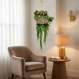 Artificial Hanging Basket with Green Fern Leaves and Decorative <b>Flowers</b> Indoor Outdoor <b>Wall</b> Balcony Garden Decor - Product Image 2