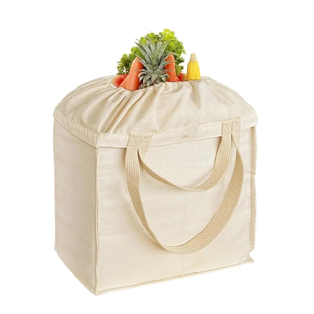 Nuovo design di arrivo grande borsa di cotone con coulisse due manici sacchetto di tela per imballaggio di frutta e verdura