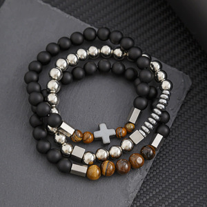 Pulsera de Calavera de Cobre y Circonita para Hombre, con Ágata Negra, Ojo de Tigre y Obsidiana Negra, y Piedra Volcánica con Colgante de Cruz y Corona - Set de Pulseras - Product Image 5