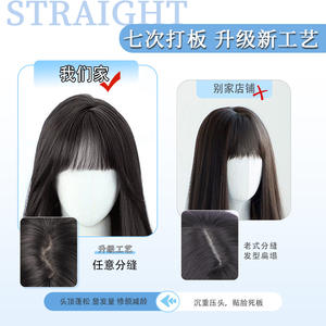 วิกผมยาวตรงธรรมชาติพร้อมหน้าม้าปัดข้าง 60 ซม. สีน้ำตาลดำ เส้นใยคาเนคาลอน ลวดทนความร้อนสูง ลูกไม้โปร่งใส - Product Image 3