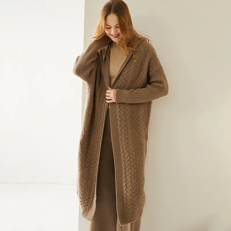 2021 autunno inverno donna aperto davanti misto lana lungo mantello maglia maglione cappotto di Cashmere